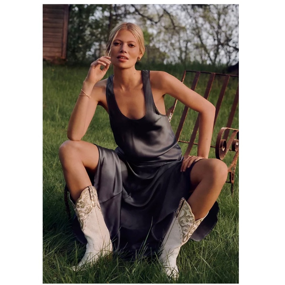 Anthropologie Silver Silk Midi Dress